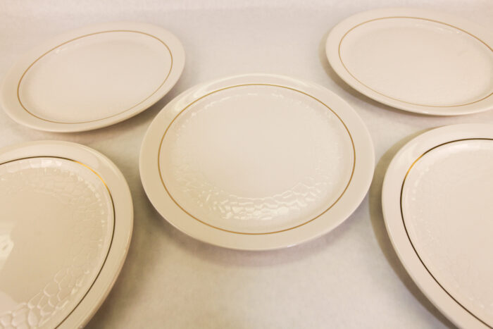 Ivory dinner plates w/ gold trim 11” - #62